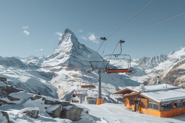 Scenic View of the Swiss Alps Chairlift and Cozy Chalet with Majestic Matterhorn in the Background