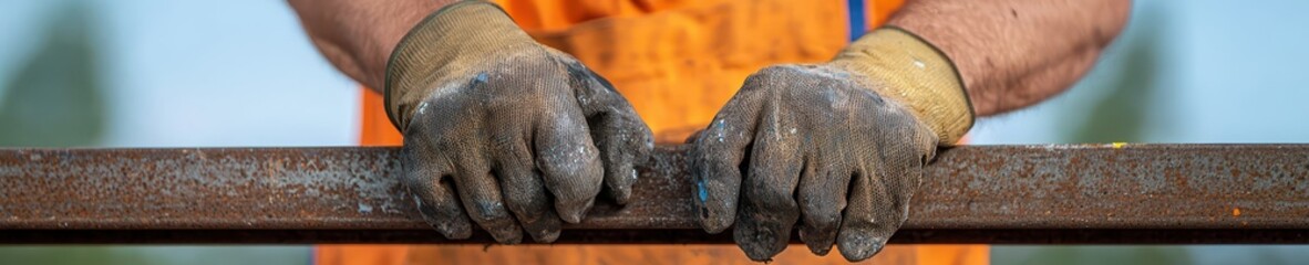 A worker holds a metal bar, showcasing rugged hands in gloves, emphasizing manual labor and dedication to craftsmanship in a construction setting.