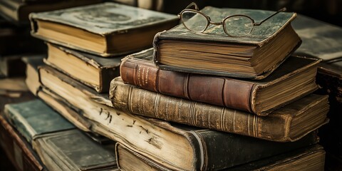 A stack of aged books with aging spines, inviting nostalgic thoughts of literature and history.