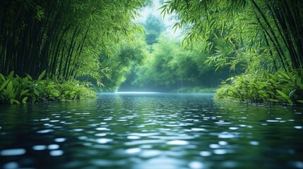 Fototapeta premium Serene bamboo forest river scene in rain.