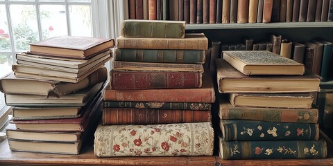 A collection of assorted antique books organized on a shelf.