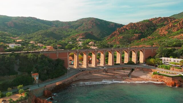 Aerial view of the village of Antheor on the French Riviera at sunset