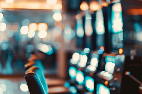Rows of digital slot machines stand ready for eager players in a vibrant casino lights twinkling in the background. The atmosphere buzzes with anticipation and thrill from gamesters.