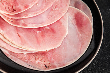 Ham slice pork meat fresh tasty food dish delicious gourmet food background on the table rustic food top view copy space