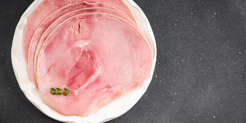 Ham slice pork meat fresh tasty food dish delicious gourmet food background on the table rustic food top view copy space