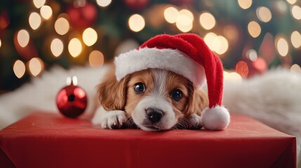 Adorable puppy in a Santa hat beside Christmas gifts