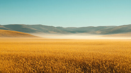 Obraz premium Golden fields with layers of fog creating a dreamy atmosphere.