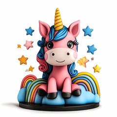 Fototapeta premium cute unicorn figurine in 3D cartoon style, featuring pink body, blue mane, and golden horn, surrounded by colorful stars and rainbow. Perfect for children decor!