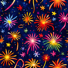 Festive fireworks pattern with vibrant colors and bursting sparks, creating joyful atmosphere. Perfect for celebrations and special occasions