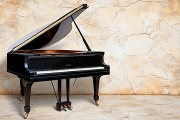 A vintage-style poster featuring an ebony grand piano, with muted colors and elegant typography evoking classic sophistication