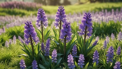 Naklejka premium Sprightly purple hyacinths blooming in a sunny meadow , hyacinth, spring, flowers