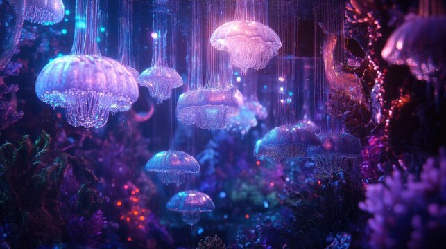 Glowing jellyfish in vibrant underwater scene.