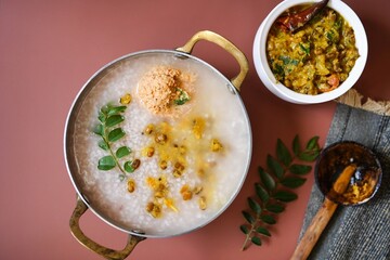 Kerala Rice Porridge or Conjee|  Kanji payar and Chammanthi