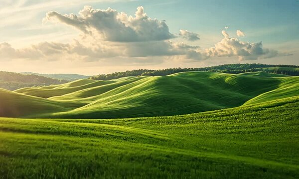 Lush green hills under a serene sky at sunset.