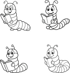 Cartoon Character Caterpillar Reading A Book Line Art Vector