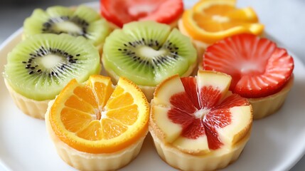 Colorful fruit tart with vibrant toppings.