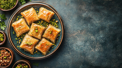 Baklava plate and serving slice top view with the middle east arabic cuisine and gourmet traditional, turkish honey pastry with pistachio and walnut, copy space.