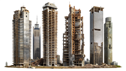 Set of ruined skyscrapers isolated on white background isolated on white background as transparent. PNG. AI GENERATED