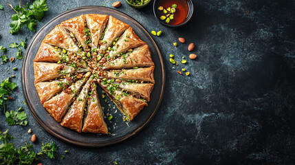 Baklava plate and serving slice top view with the middle east arabic cuisine and gourmet traditional, turkish honey pastry with pistachio and walnut, copy space.
