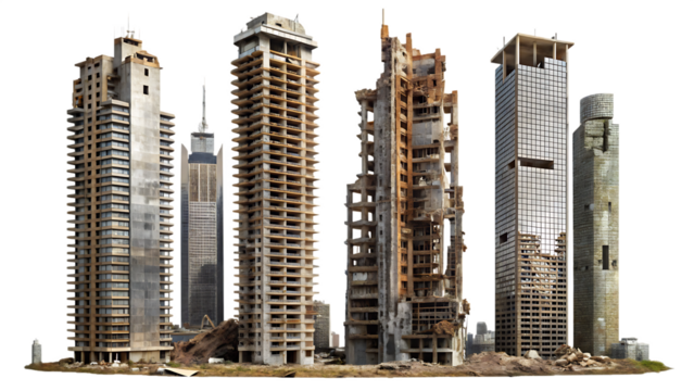 Set of ruined skyscrapers isolated on white background isolated on white background as transparent. PNG. AI GENERATED