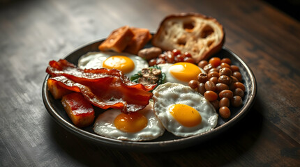 Deliciously Fried Eggs, Crispy Bacon, and Savory Accompaniments on a Wooden Plate