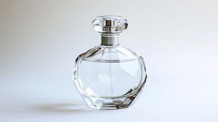 A classic perfume bottle with a rounded shape and a crystal-clear body, topped with a delicate silver cap, set against a white background, capturing its timeless beauty.