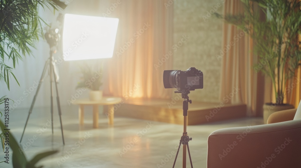 Poster filming an interview in a modern television studio featuring a blurred background and professional l