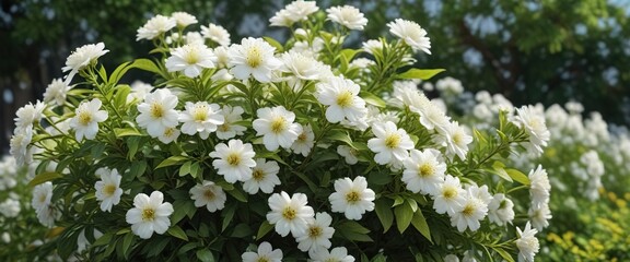 White flowers blooming in clusters on a shrub-like plant with yellow-green stems and pinnate leaves , yellow green stem, flowering plant, clusters