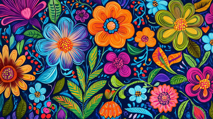 Mexican folk art-inspired piece, vibrant and bold colors, stylized floral patterns with intricate details, inspired by Day of the Dead motifs, festive and lively aesthetic
