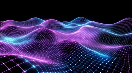 Fototapeta premium abstract glowing waves in a grid pattern, main colors are blue and purple on black background