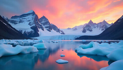 Stunning Panorama of Snow-Capped Mountains with Vibrant Sunset Hues, Ideal for TV Wallpaper or Commercial Use