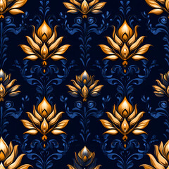 Traditional Thai damask pattern featuring golden lotus flowers on dark blue background, showcasing intricate details and elegance. This design embodies cultural richness and artistic beauty