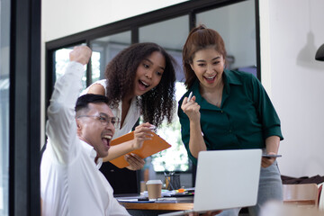 Fototapeta premium Meeting of three business people who are floating and happy