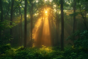 Obraz premium Enchanting Forest Sunrise with Sunrays Filtering Through Lush Trees