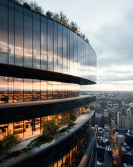 Obraz premium A tall building with a glass facade and a green roof