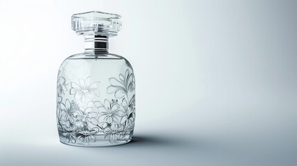A transparent perfume bottle with a delicate floral pattern etched into the glass, placed on a white background, highlighting its intricate and feminine details.