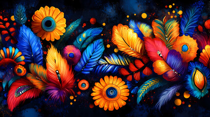 Vibrant floral and feather design with bright colors and intricate details, creating lively and artistic background. Perfect for bohemian or tropical themes
