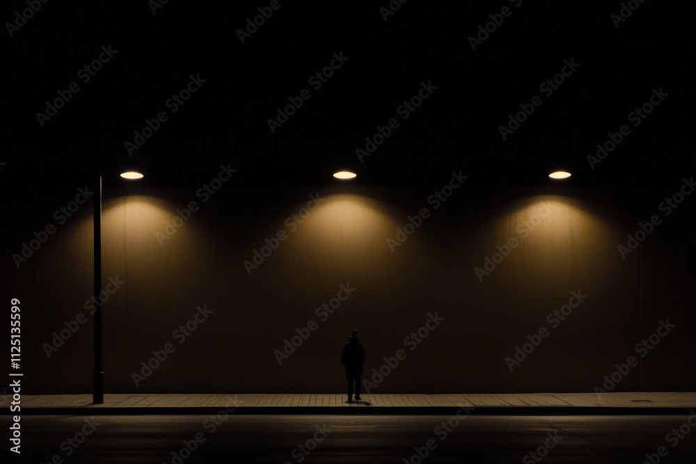 Aufkleber a lone person stands on a deserted street at night, illuminated by streetlights, creating a somber a
