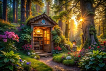 Fototapeta premium Enchanted Forest Library: Twilight Adventure, Hidden Book Cave, Magical Flora, Fantasy Illustration