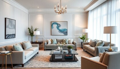 Fototapeta premium Chic living room with elegant, fashionable furniture, decor, and design elements that create a stylish and contemporary living space