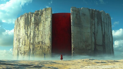 A woman stands before a massive stone structure with a red door, surrounded by mist.