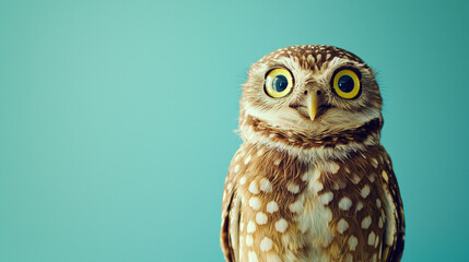 A whimsical portrait of a wide-eyed owl with a surprised look, isolated on a pastel blue minimalistic background, ideal for creative or humorous designs