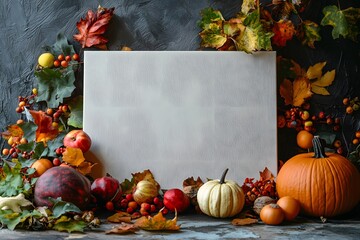 A blank canvas with autumn and Thanksgiving day decorations around its design,


