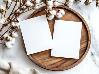 Minimalistic scene with blank cards on a wooden plate surrounded by cotton flowers, perfect for branding or notes.