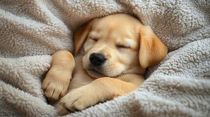 Sleeping dog under blanket, cute puppy pet in cozy comfort, adorable warm animal lying down, funny sleepy canine in bed, happy companion.