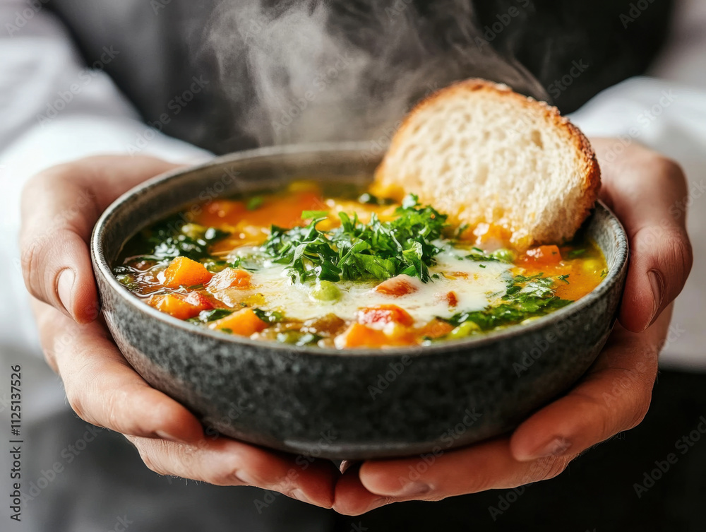 Canvas Prints bowl of hot vegetable soup with melted cheese