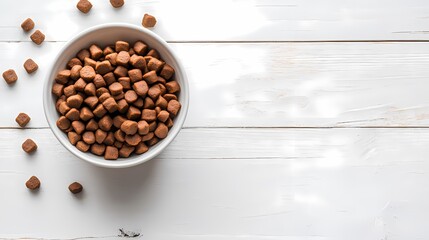 Bowl of brown pet food on a rustic wooden surface, showcasing small kibble pieces.
