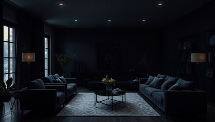 Dark living room background featuring a moody, atmospheric living room with deep, dark hues for a sophisticated, intimate setting
