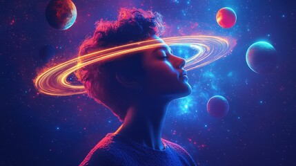 Serene woman, cosmic rings, planets.
