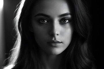 Naklejka premium Black-and-white portrait of a young woman with dramatic lighting, half her face illuminated, emphasizing bold eyeliner and sharp features